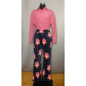 Women Hot Pink Floral Flared Pleated High Waist Pants Co-Ord Set Medium to XL